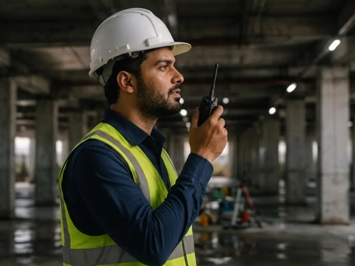 Construction supervisor using a walkie-talkie inside a concrete basement structure with signal dead zones