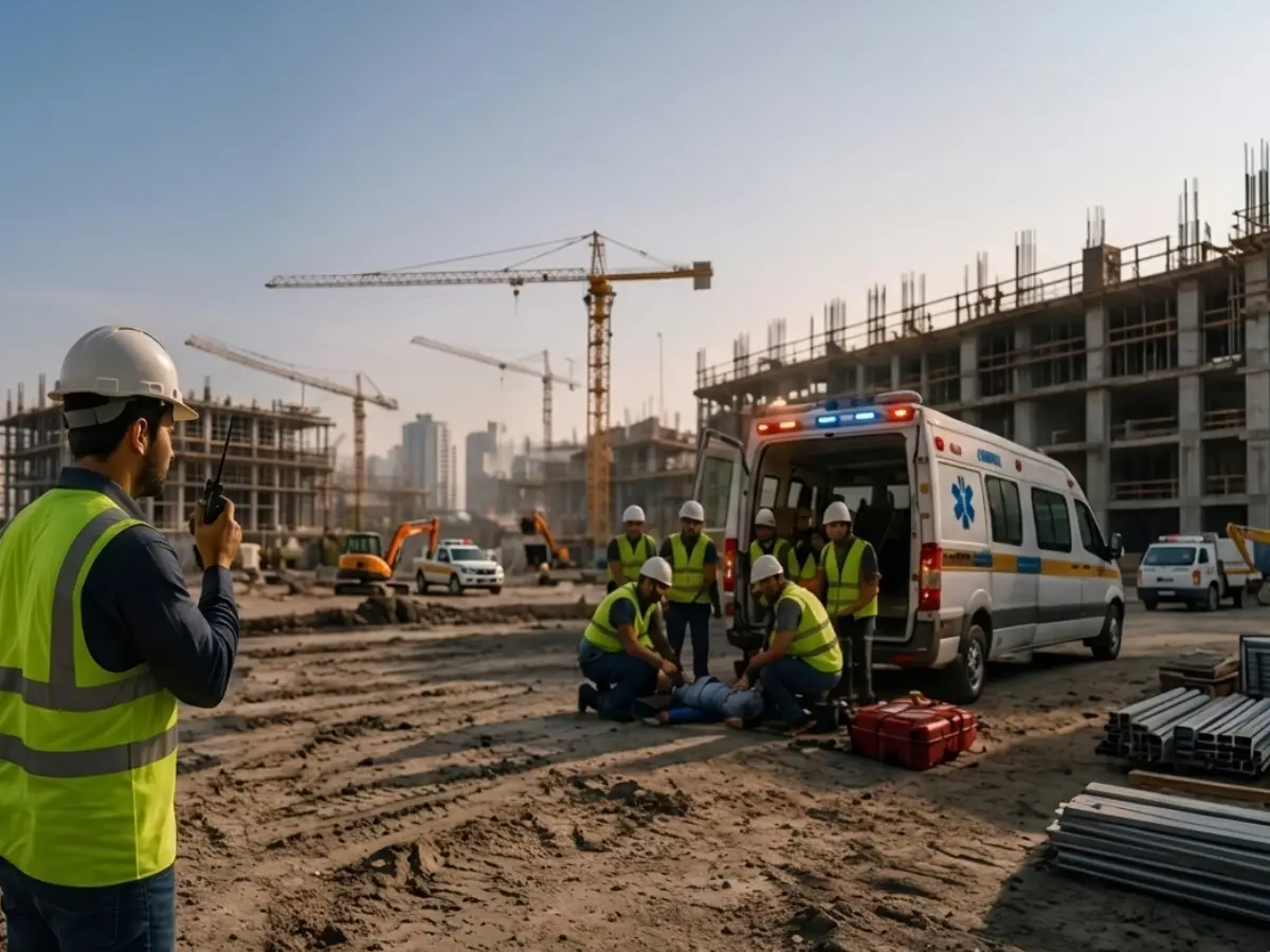 Emergency response team and ambulance arriving at a construction site due to communication delays