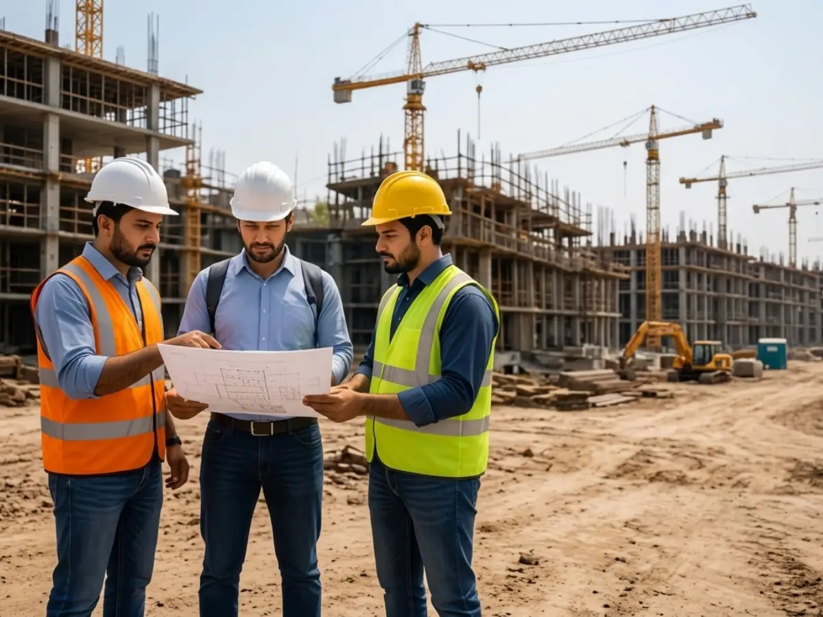 Engineers and site workers reviewing construction blueprints trying to coordinate communication