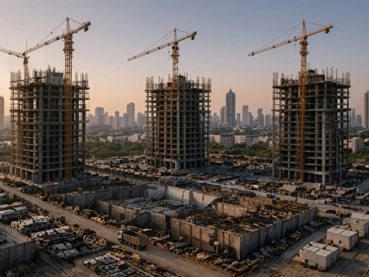Large scale urban construction project with multiple cranes demonstrating scaling communication needs